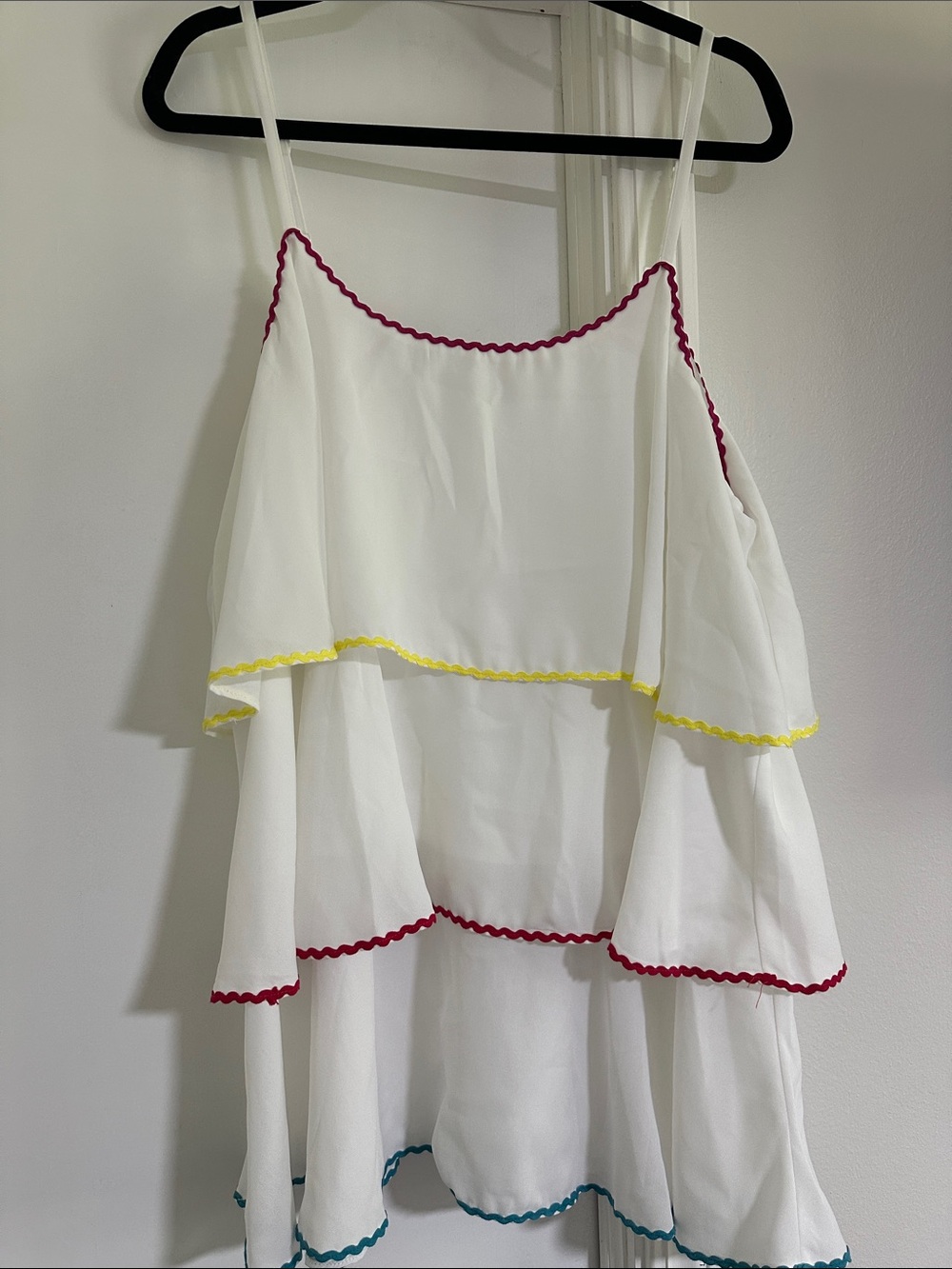 ANDREE BY UNIT White Tiered Ruffle Camisole with Pink, Yellow & Teal Trim